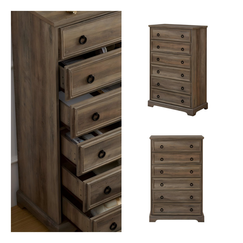 Modern 6-Drawer Tall Dresser with Textured Borders - Gray Wash Wood Chest of Drawers for Bedroom, Living Room & Hallway, Easy-Pull Handles, Anti-Tip Device, 29.5" L x 15.7" W x 48" H