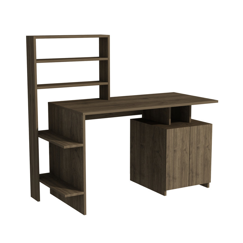 Ezekiella Lake Computer Desk with 6 Shelves and 2-Door Cabinet, Walnut