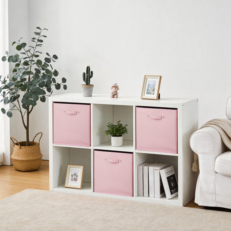 6PCS Pink 13 Inch Fabric Storage Bins with Faux Leather Handles, Foldable Cube Organizer Baskets for Shelves and Closet Collapsible Storage Boxes for Clothes Toys