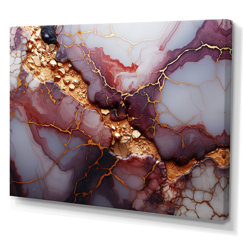 «Pink and Gold Marble River VII», reproduction d'art murale abstraite, Toile tendue, H 34 po x l 44 po x P 1,5 po