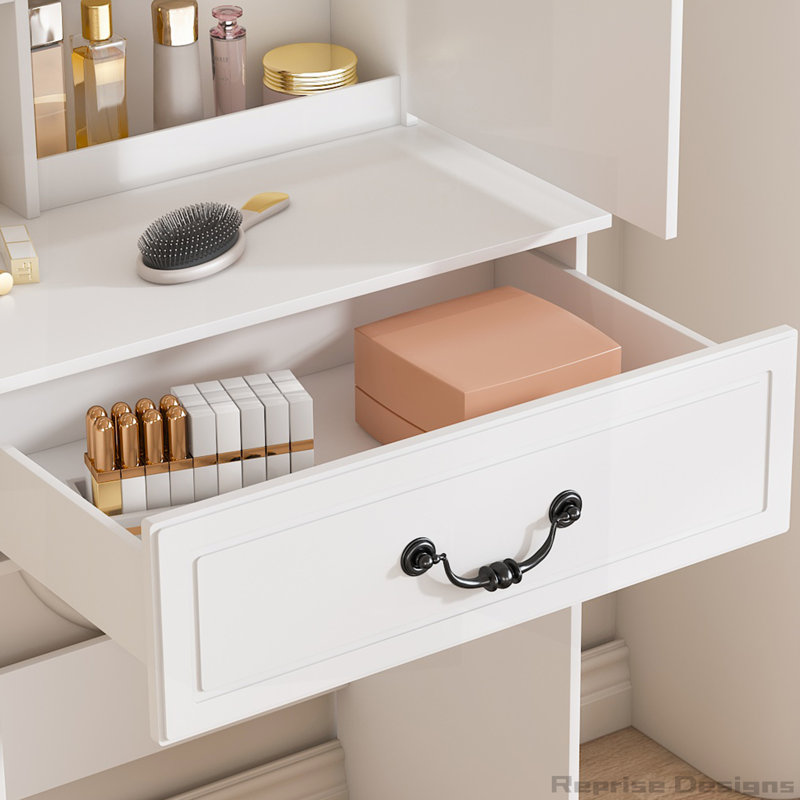Modern Dressing Table with LED-lit Mirror and Hidden Storage