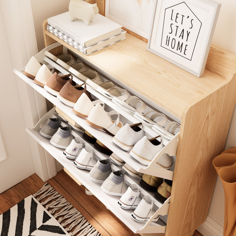 Nordic Inspired 31.5 Inch Freestanding Shoe Rack Cabinet With 2 Flip Doors, White And Natural Color Blend Drawers, Style, Wood Finish, For Entryway Decor