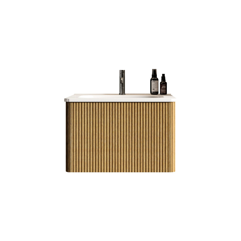 Armoire de salle de bain murale en chêne naturel rayé de 24 po avec cuve en céramique blanche de style moderne à rebords incurvés pour meuble-lavabo à tiroir