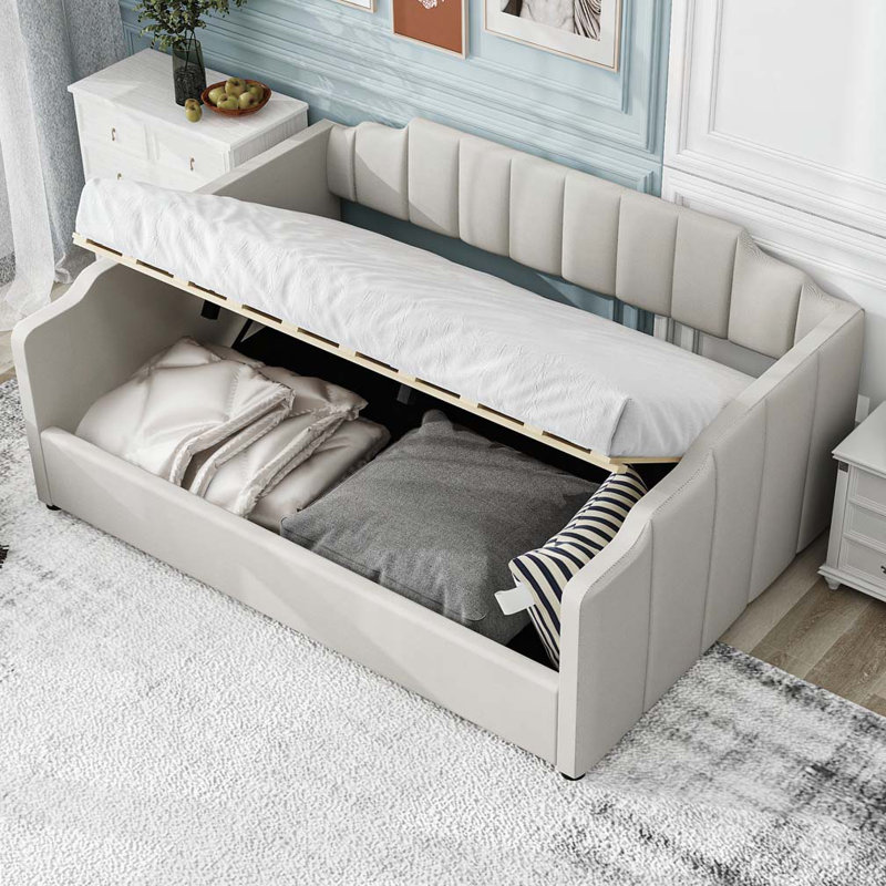 Lit de jour rembourré avec rangement inférieur, Beige, Complet/Double