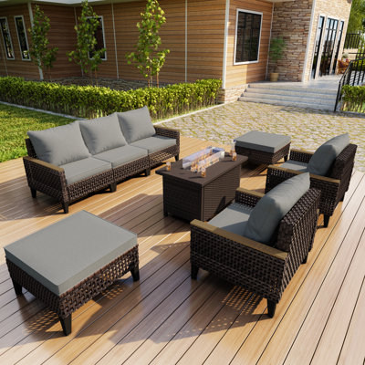 8-Piece Outdoor Rattan Wicker Seating Group Patio Conversation Set With Cushions And 50,000 BTU Fire Pit Table For Garden Backyard (Gray)