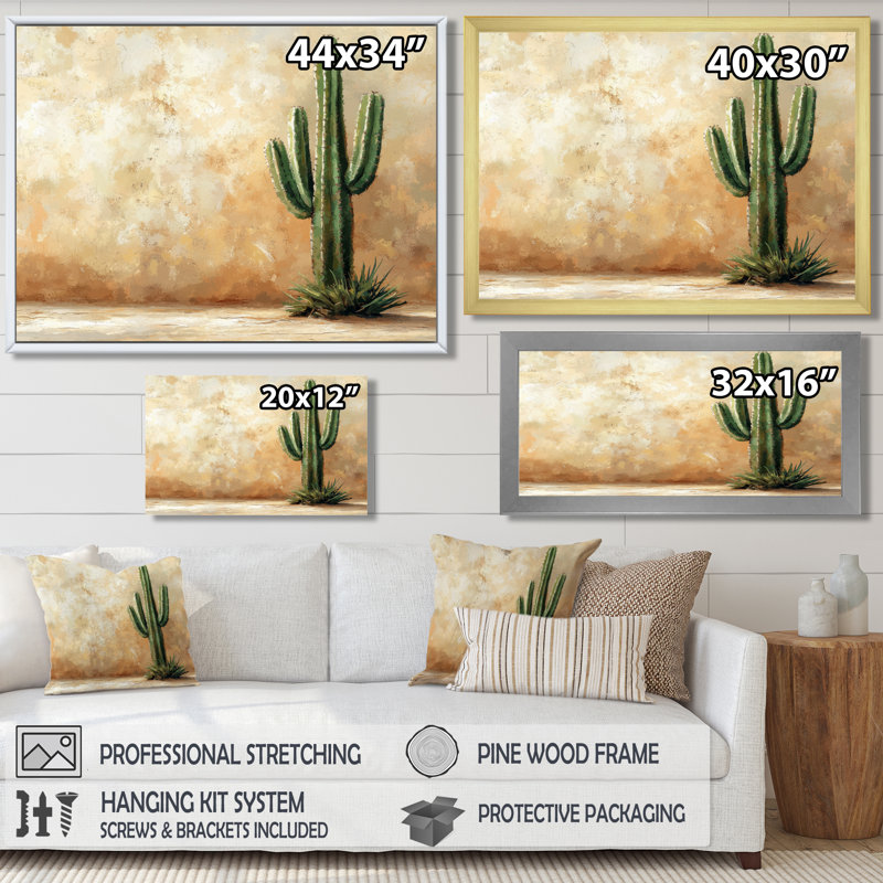 Cactus dans le désert VI - art mural cactus, H 12 po x l 20 po, Cadre simple, Blanc