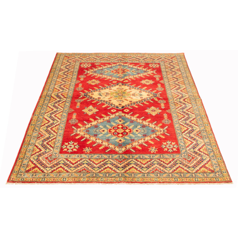 Tapis rouge en laine noué à la main de conception unique 6 pi 6 po x 9 pi 6 po New Age Heathe
