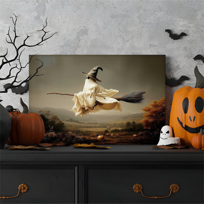 Tableau sur toile encadré (1 pièce), imprimé sur toile, représentant un fantôme d'Halloween et une chauve-souris dans une maisonnette. Parfait pour le salon, la chambre à coucher, le bureau, la salle de bain, une chambre d'étudiant ou toute autre pièce de la maison. Prêt à accrocher.