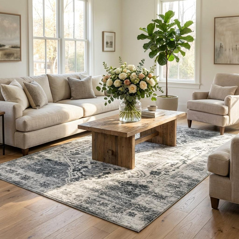 Area Rugs Washable Area Rug Floral Area Rug Non-Slip Backing Pet Friendly Home Decor Carpet for Living Room Bedroom, Gray