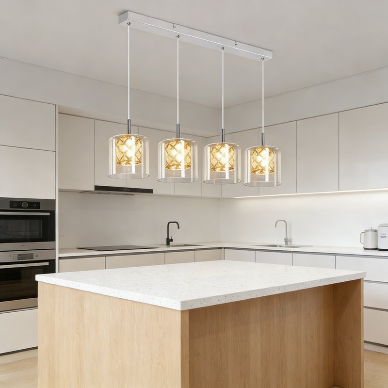 Kitchen Island Pendant 3/4- Light Stainless Stee Cylinder Pendant, 4, 140cm H x 58cm W x 5cm D