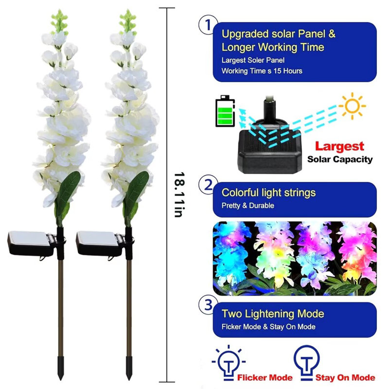 Solar Flower Lights Outdoor Garden Decor Delphinium Stake Lights IP65 Waterproof with 2 Modes for Patio Yard Pathway Lawn Flower Bed