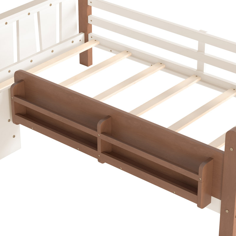 Kids Twin Solid Wood Floor Bed with Bookcases, Cute Stairs and Guardrails, Beige, Twin