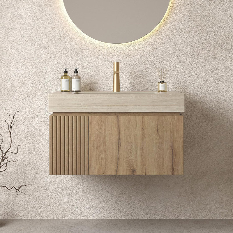 Meuble-lavabo 30 po avec lavabo, comptoir en travertin Roma et lavabo en céramique, armoire pré-assemblée