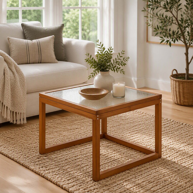 Petite table basse carrée, en bambou véritable et verre cannelé, idéale pour le salon - Table basse moderne à base ouverte, décoration naturelle pour petits espaces