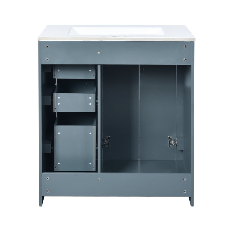 Meuble-lavabo de 30 po avec cadre en bois massif, portes, 3 tiroirs, planches, rangement spacieux pour glissières de tiroir à cadre lisse, couleur bleue