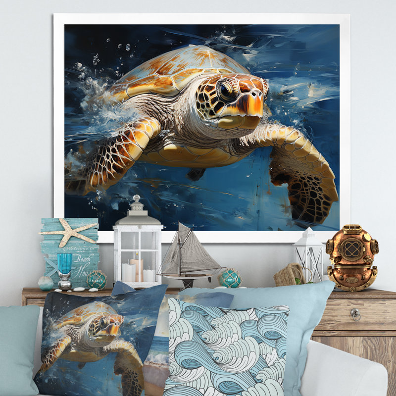 Tortue de marée, art mural tortue océanique I, H 12 po x l 20 po x P 1 po, Cadre de coin blanc fermé