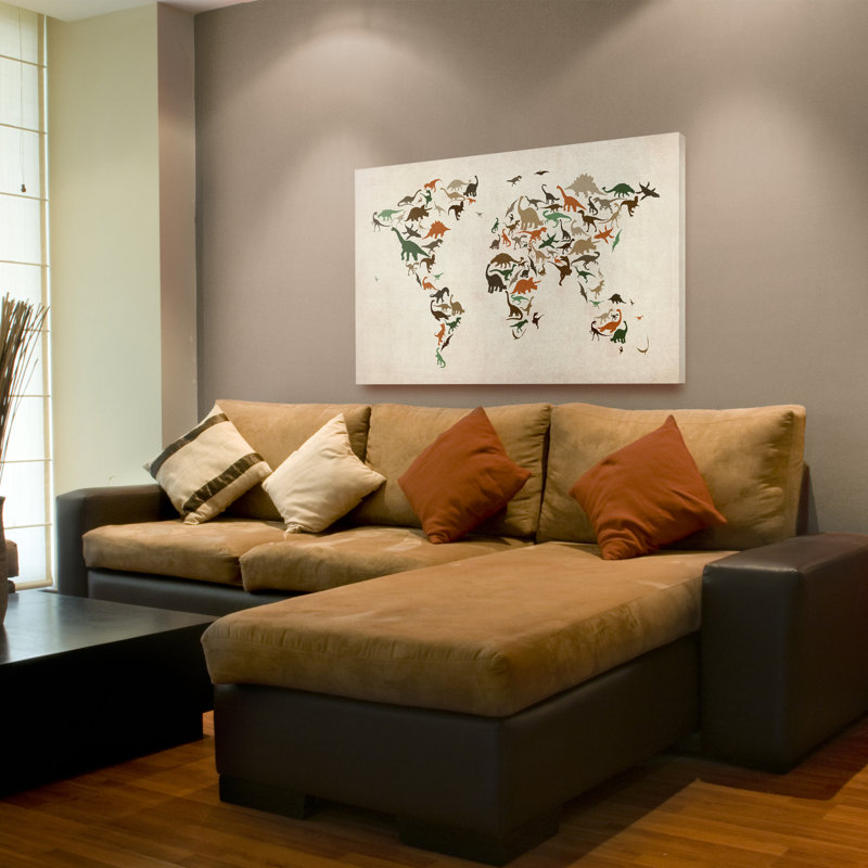 "dinosaur world map 2" par michael tompsett, impression sur toile tendue encadrée, H 14 po x l 19 po x P 2 po