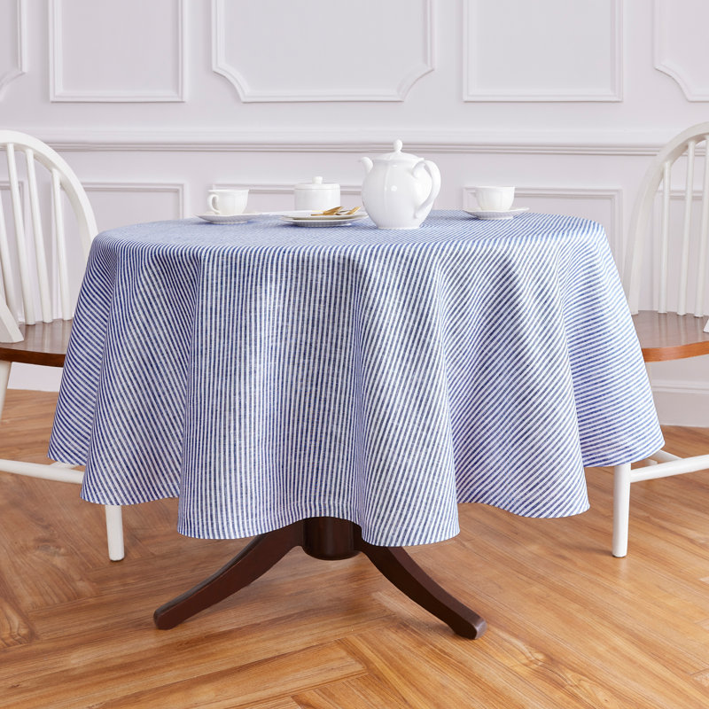 Narrow Stripe - 100% Pure Linen Tablecloth, Navy/White, 60" Round