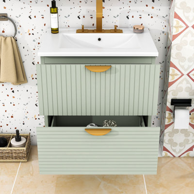 Chic 24-Inch Wall-Mounted Vanity with 2 Drawers and Gold Handles for Small Bathrooms