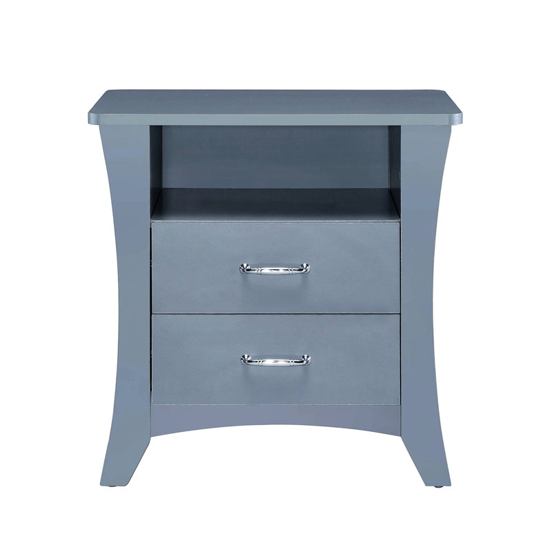 Élégante table de chevet grise avec tiroirs de rangement et compartiment ouvert