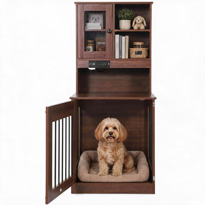 54 inch Brown Furniture-Style Wooden Dog Crate for Small Dogs, Indoor Pet Kennel End Table Nightstand with Storage Shelf, Built-In Power Outlet & USB Ports for Bedroom & Living Room