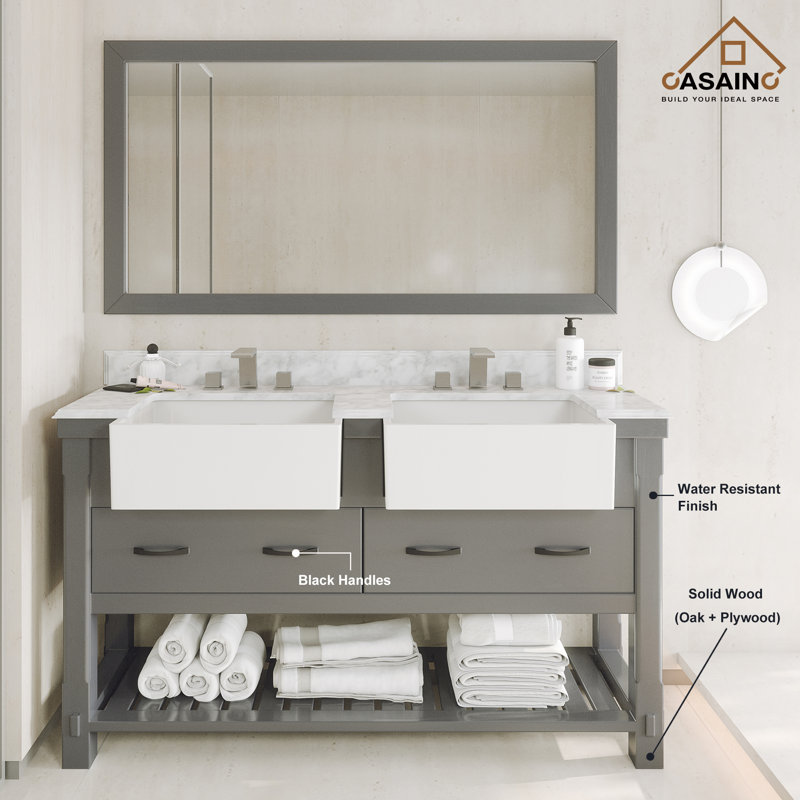 Gray and White Marble 60" Freestanding Solid Wood Bathroom Vanity