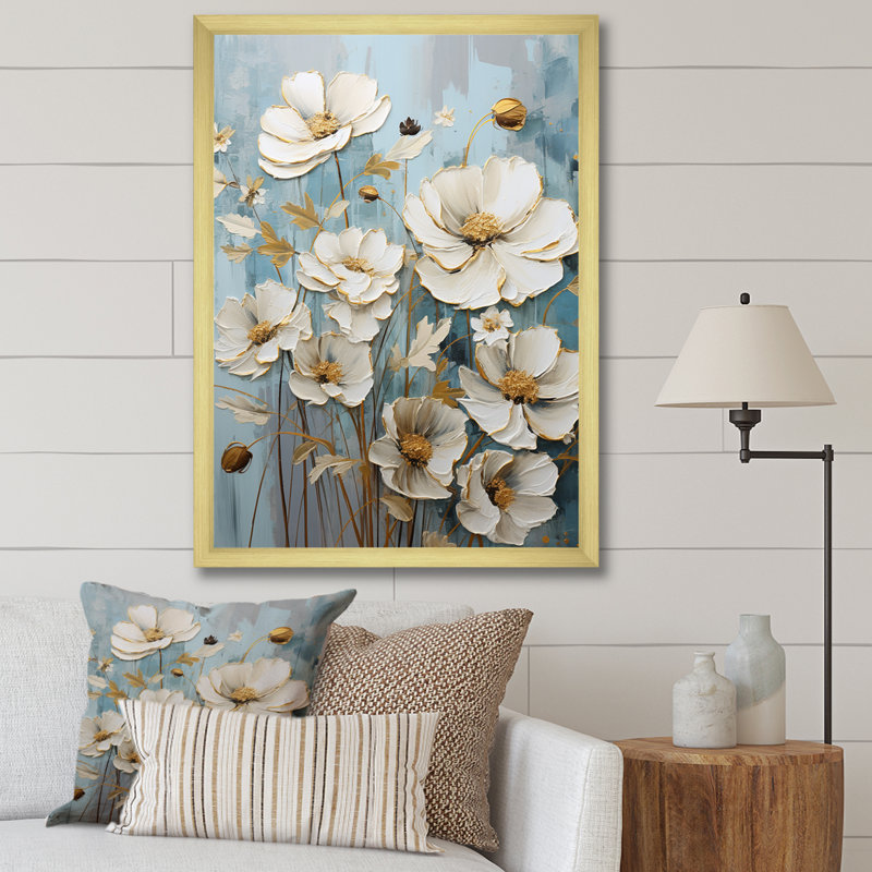 Minimalisme Buttercups On Blue II sur impression sur toile, H 40 po x l 30 po x P 1,5 po, Cadre doré simple