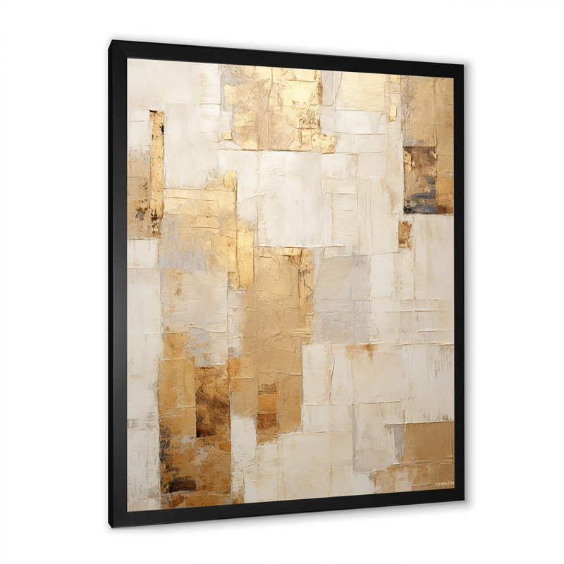 «Beige And Gold Dream Collage I», formes abstraites, art mural, Cadre simple noir, Noir, H 32 po x l 16 po