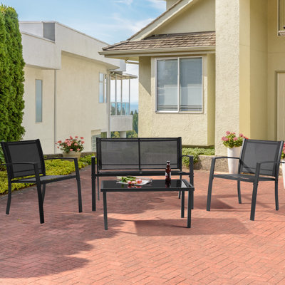4 Pcs All-Weather Patio Furniture, Modern PVC-Coated Polyester Bistro Sets Poolside Lawn Balcony Chairs With Loveseat And Glass Coffee Table