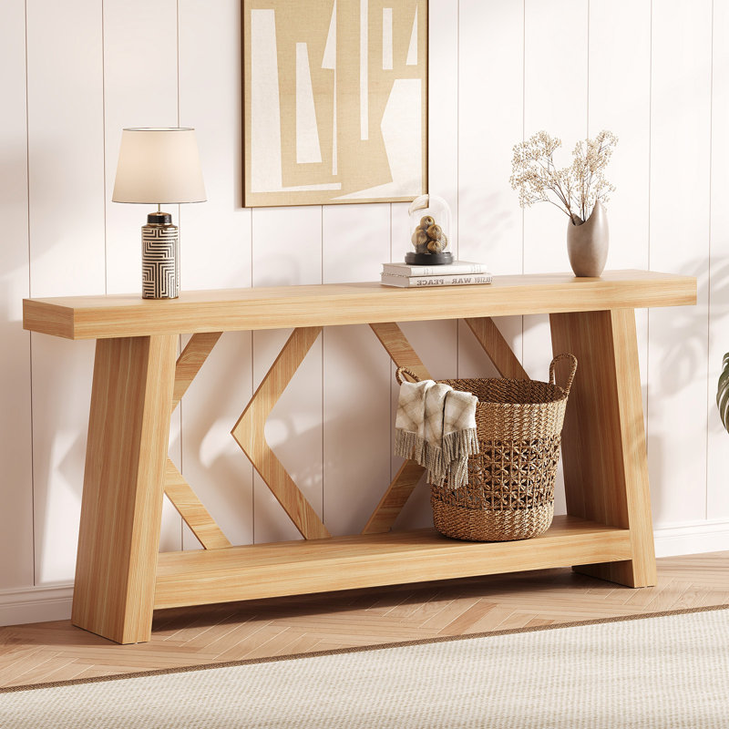 Table de bout 70,9 po à 2 niveaux avec deux pieds trapézoïdaux pour l'entrée, Naturel
