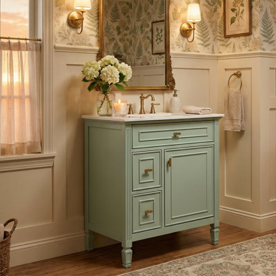 Ensemble de meuble-lavabo 24 po Modern Farmhouse, armoire en bois massif et panneau de fibres à densité moyenne avec poignées dorées, plateau en céramique et rangement à 3 tiroirs