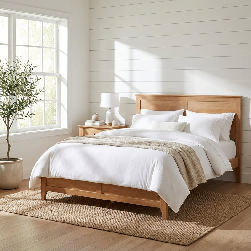 Lit plateforme moderne en bois massif avec support de lattes en bois robuste, pas de sommier tapissier, tête et pied de lit de conception simple et élégante, fabrication durable pour une utilisation durable