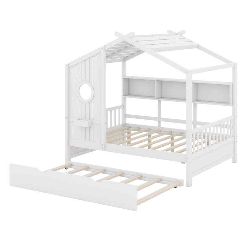 Lit de maison en bois avec lit gigogne, conception moderne pour enfants avec tablette de rangement, blanc