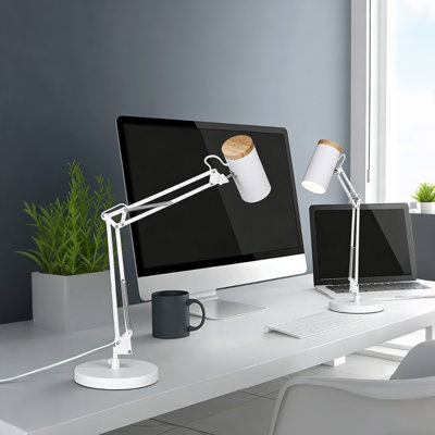 31" Large Size Tall Adjustable Metal Table Lamp, Swing Arm Desk Lamp with Wooden Accent, Max 25W E26 Base, White