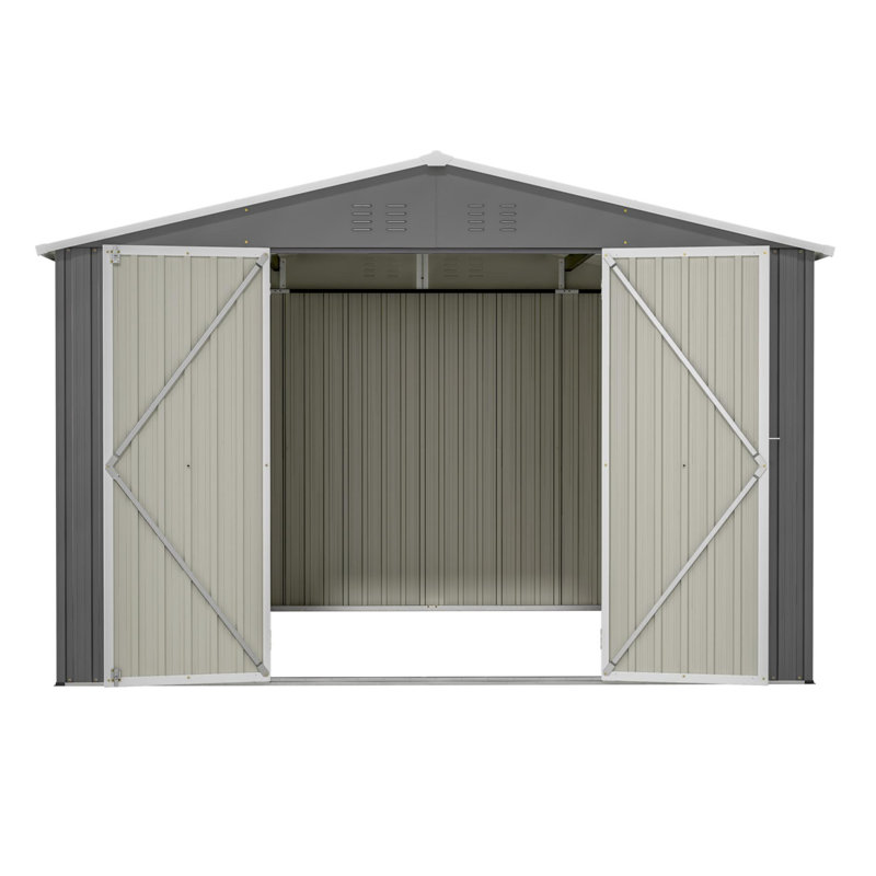 Remise de rangement extérieure 10 x 10 pi, grandes remises à outils en métal avec une structure de cadre actualisée et des portes verrouillables, remise de jardin pour la cour de jardin, gris