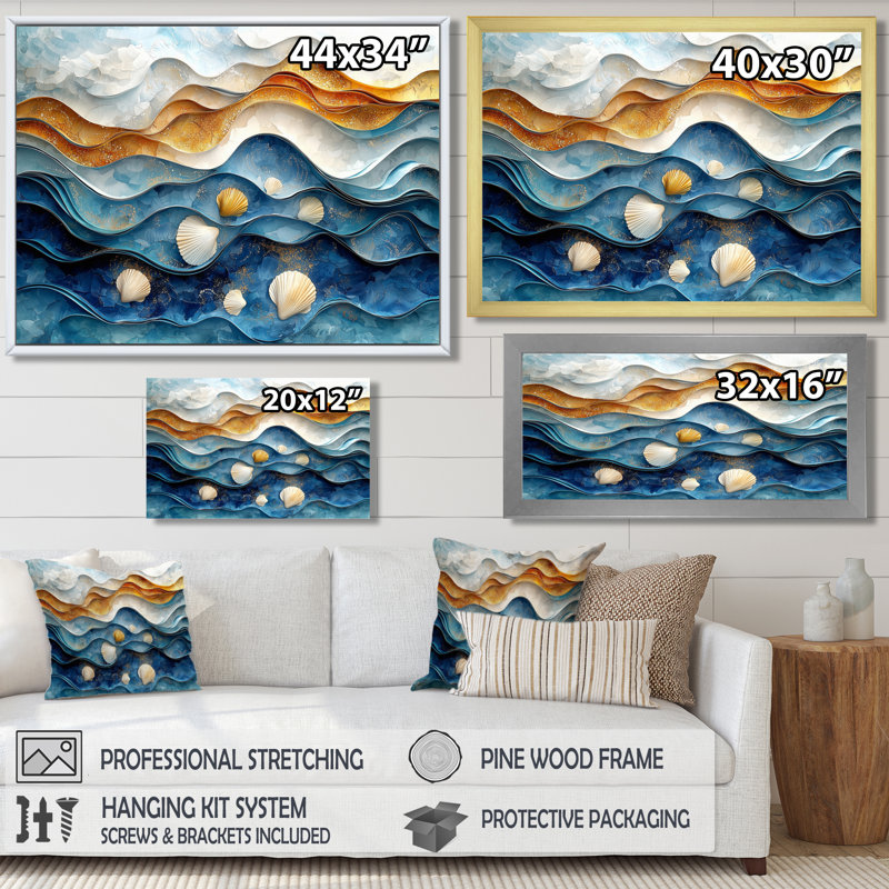 Abstrait coquillage et plage vue aérienne VI - art mural bord de mer, H 12 po x l 20 po, Toile tendue sur cadre