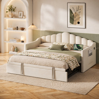 Upholstered Twin Size Daybed with Adjustable Height Pop Up Trundle Twin Bed and USB & Type-C Charging Port, Day Bed Frame with 2 Side Pockets, No Box-Spring Needed, Beige(Old SKU:N733S285118A)