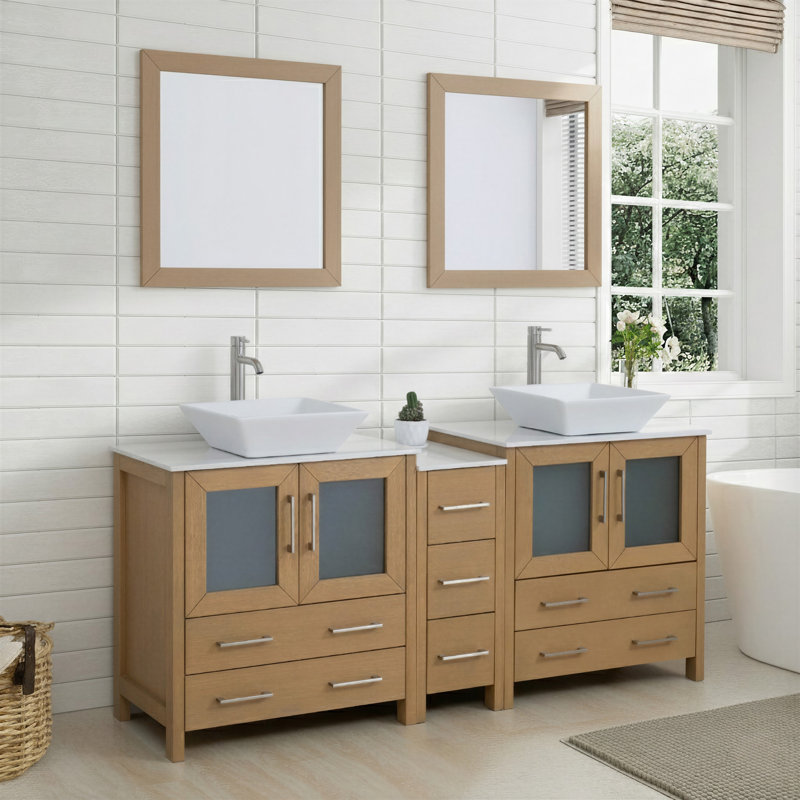 Ravenna 72" Freestanding Double Sink Bathroom Vanity with Engineered Marble Top and Matching Mirrors, Natural Oak