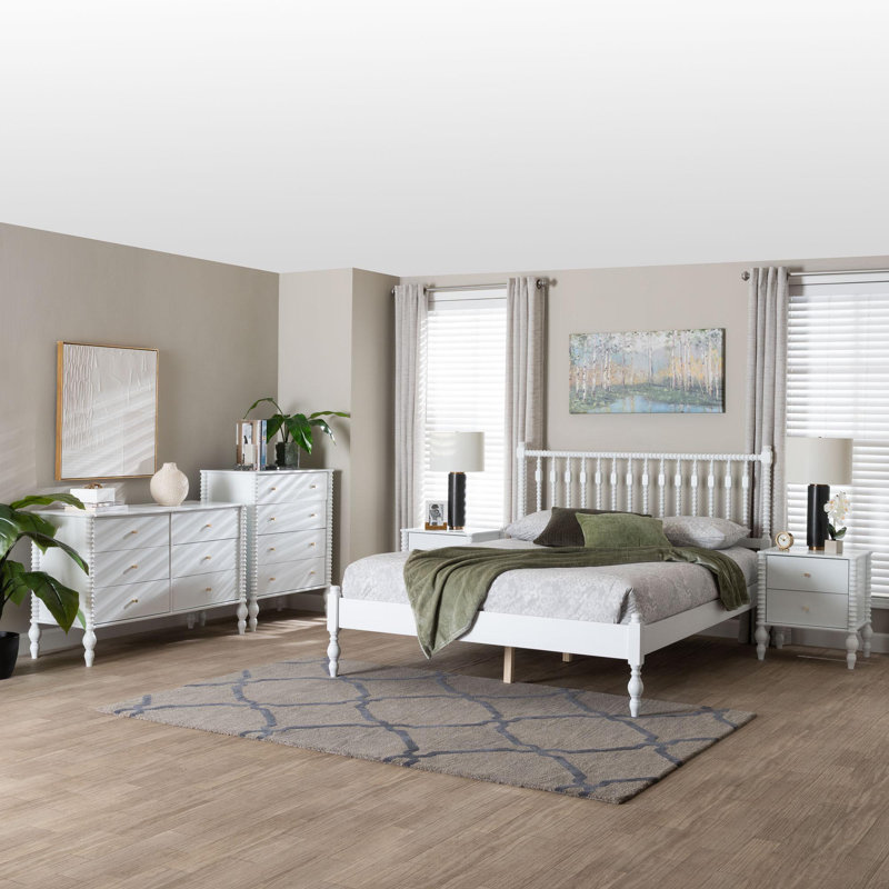 Ensemble de chambre à coucher à 5 tiroirs Baxton Studio Cherryl, Blanc, Lit double