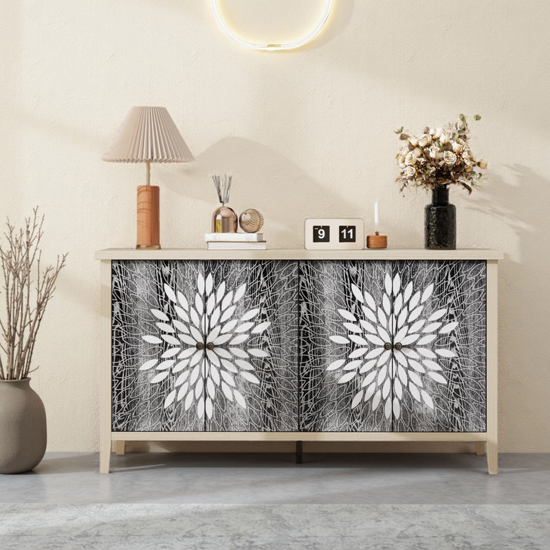 4-door Sideboard With Adjustable Shelves And Exquisite Creative Carving, Black/Natural
