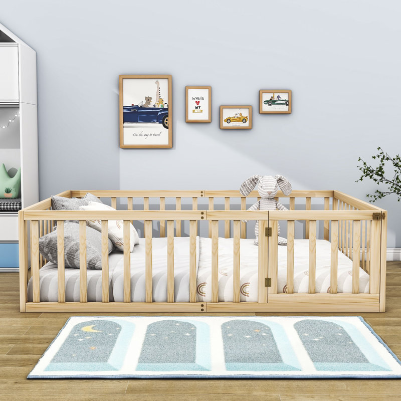 Hajer Wood Platform Bed with Fence and Door, Natural, Queen