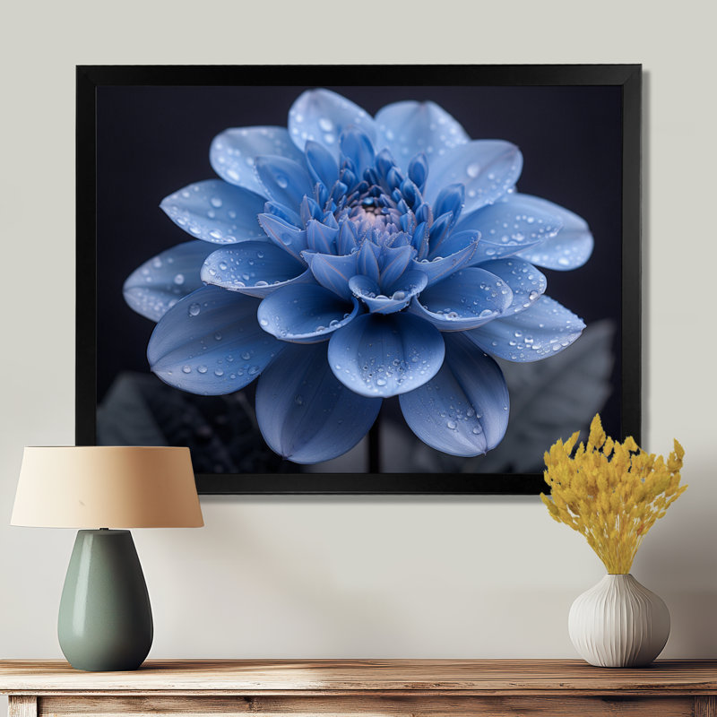 Monochromes noirs et bleus, fleurs de Dahlia - art mural Dahlia, H 12 po x l 20 po, Cadre simple noir