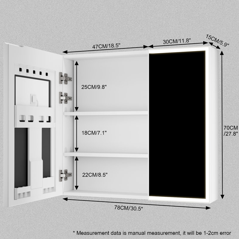 Armoire à pharmacie éclairée avec miroir Wrought Studio ™, armoire à pharmacie à fixation en surface 31 "x28" avec lumières, armoire à pharmacie de salle de bain avec miroir, température 3 couleurs, gradateur, tablette réglable