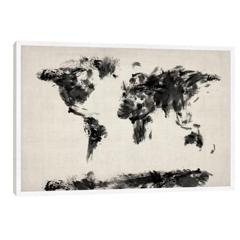 Map Of The World Paint Splashes Black by Michael Tompsett - Floater Frame Print on Canvas, 101.6 cm H x 66.04 cm W