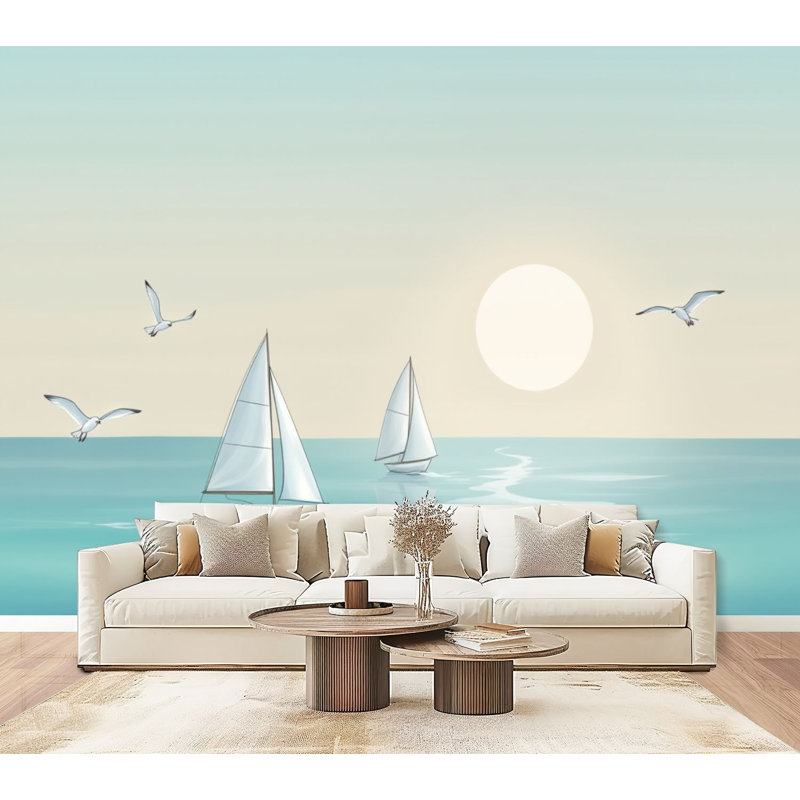 Papier peint adhésif de style bord de mer avec voiliers Calm Ocean Seagulls Soft Sunset Sun, L 96 po x l 69 po