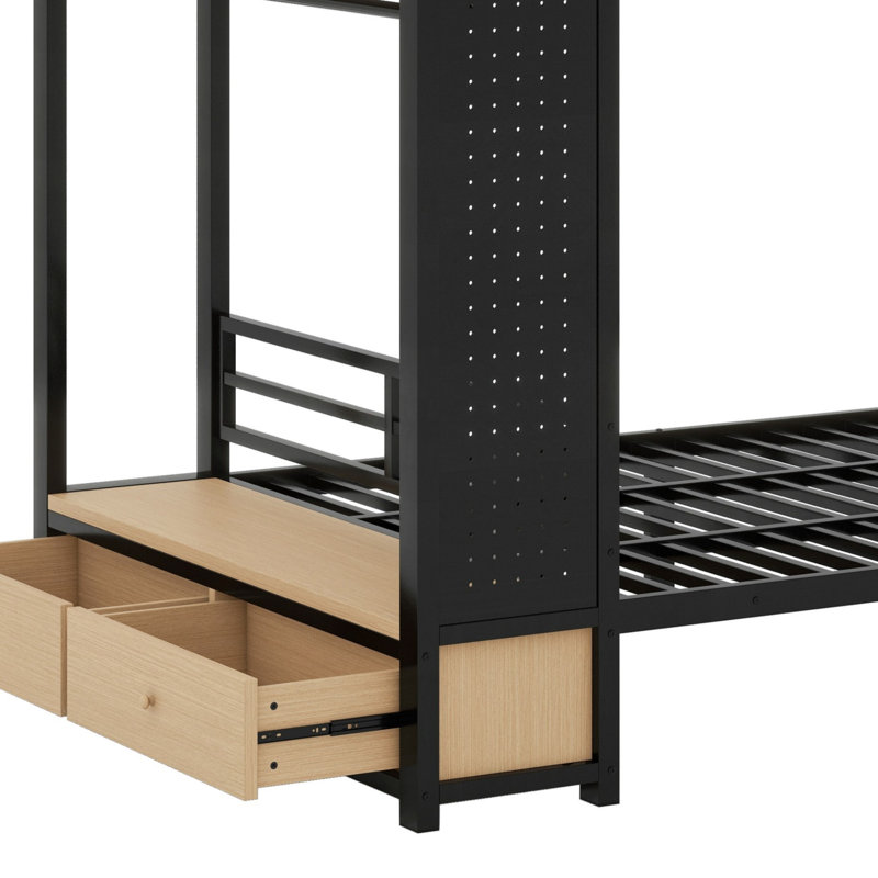 Lit superposé en métal avec tablettes de rangement, tiroirs et panneau perforé