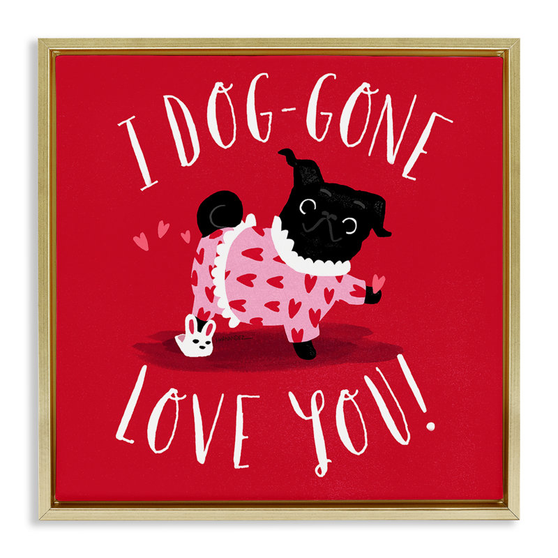 "Dog-Gone Love You", art mural sur toile flottant gris par Leeza Hernandez, Cadre flottant métallique doré, H 25 po x l 25 po