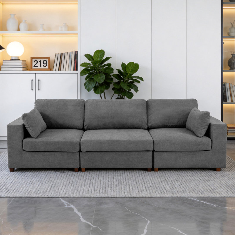 Canapé modulaire rembourré 3 pièces 3 pièces, Chenille gris pâle, H 26 po x l 113,3 po x P 37,8 po