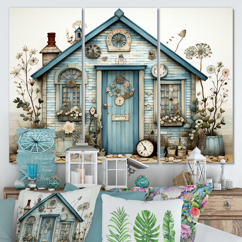«Blue Beach House Collage Tranquility», art mural sur toile, H 28 po x l 36 po, Toile tendue