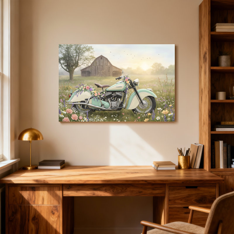 Plantes et fleurs, impression de motocyclette, champ de grange, coucher de soleil, H 20 po x l 30 po